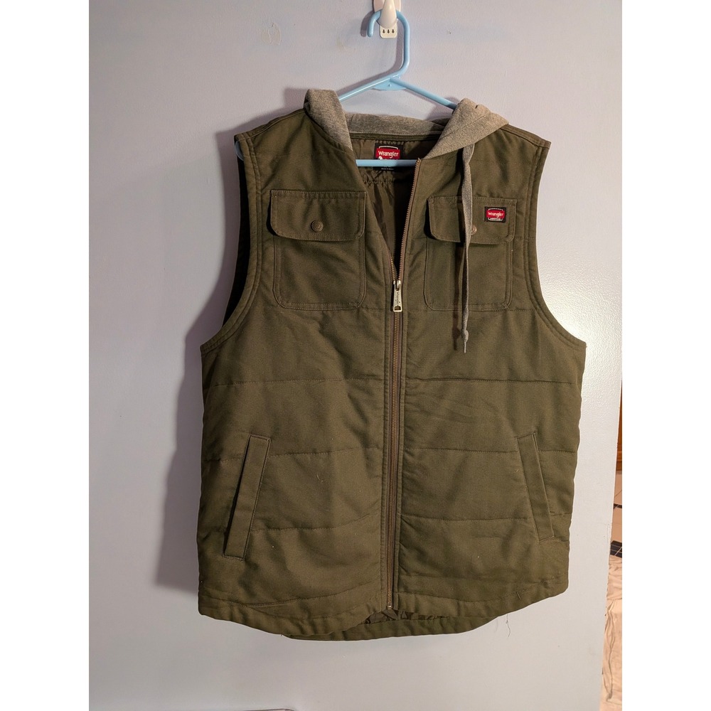 Wrangler Workwear Mens Hooded Canvas Vest Olive Green Large Padded Utility